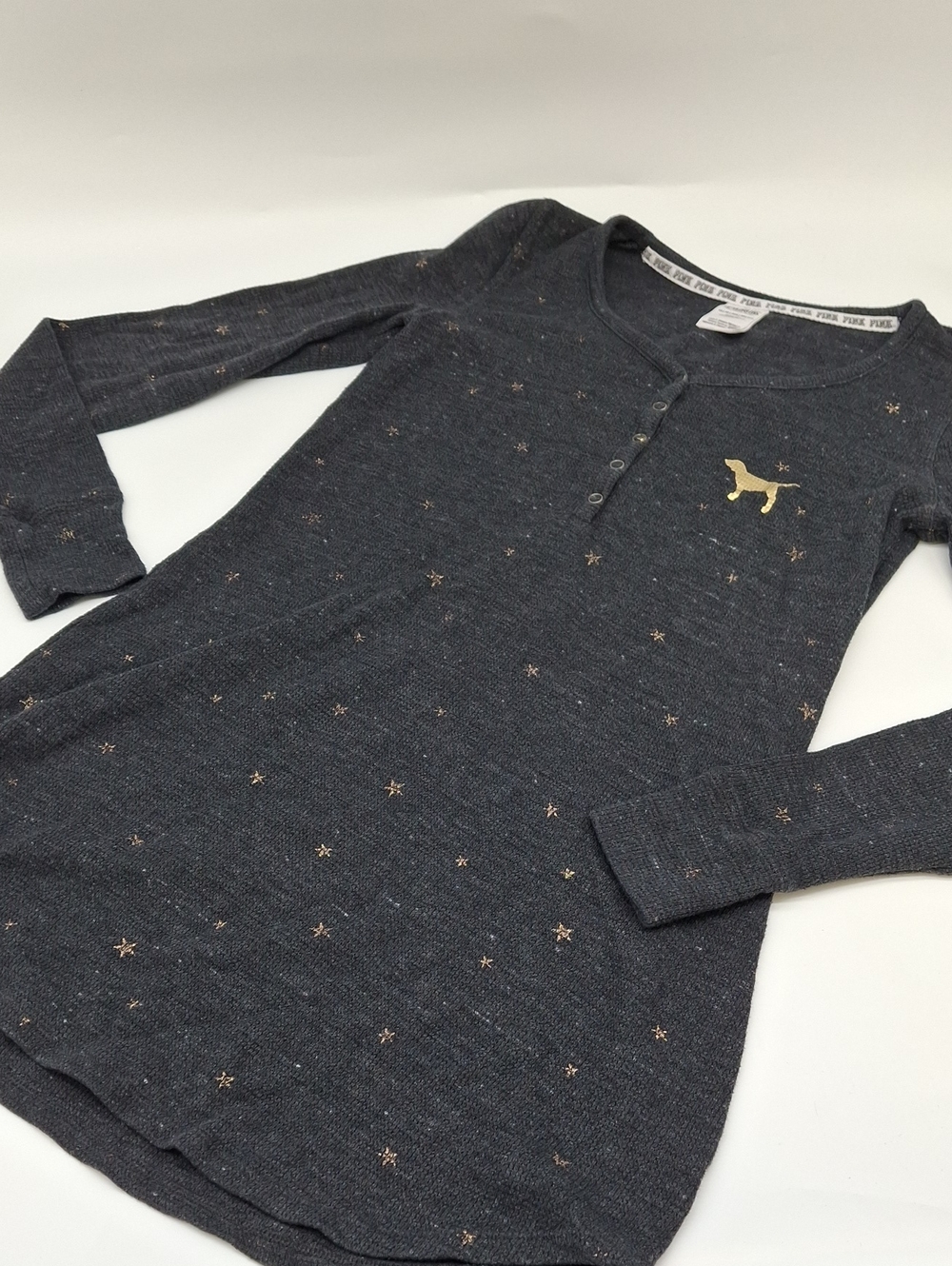 PINK Victoria's Secret Stars Waffle Knit Thermal Sleepshirt Gray Gold XS